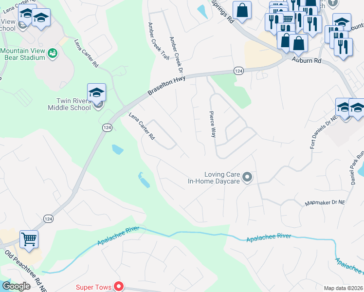 map of restaurants, bars, coffee shops, grocery stores, and more near 2516 Hampton Park Drive Northeast in Buford
