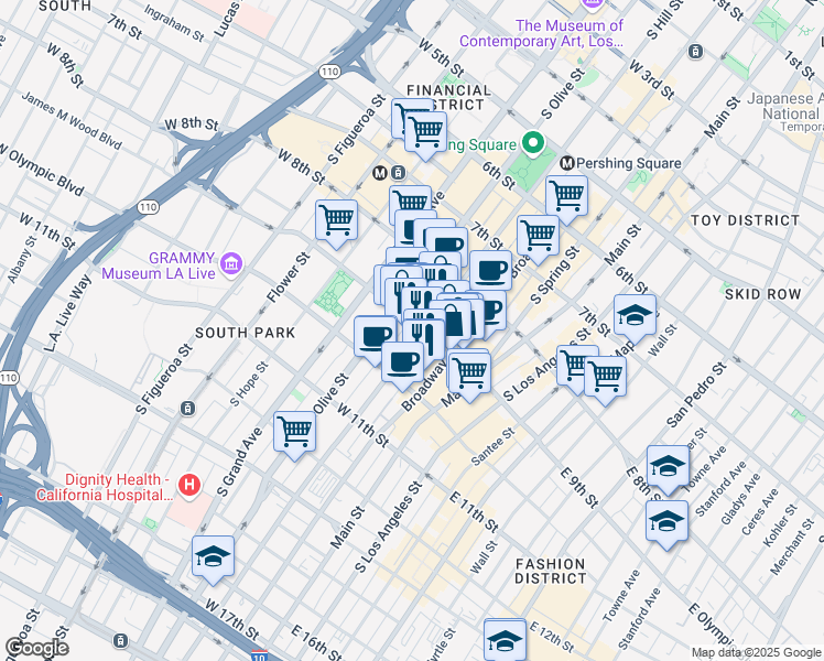 map of restaurants, bars, coffee shops, grocery stores, and more near 912 South Hill Street in Los Angeles