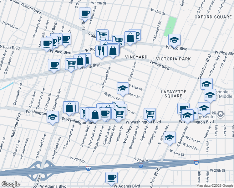 map of restaurants, bars, coffee shops, grocery stores, and more near 1745 Vineyard Avenue in Los Angeles