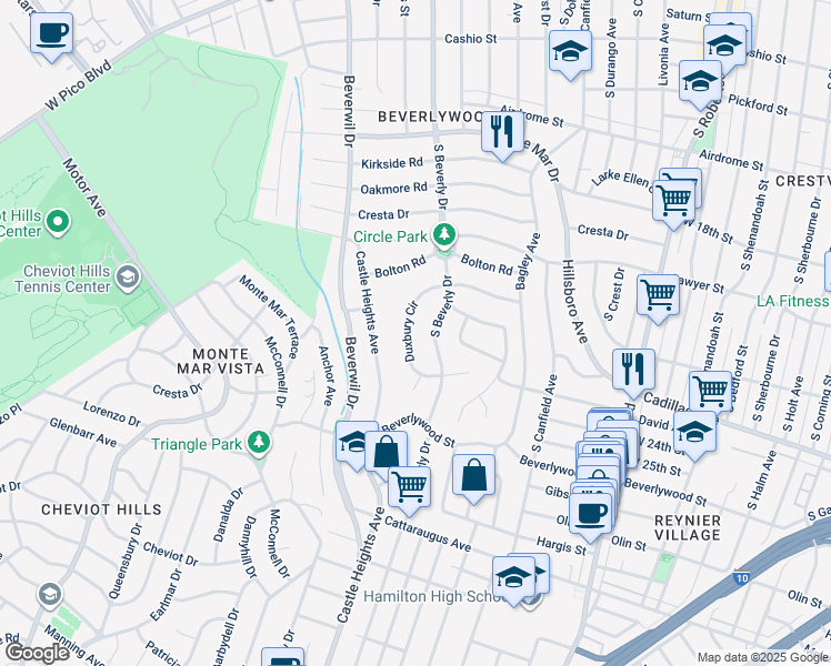 map of restaurants, bars, coffee shops, grocery stores, and more near 2301 Duxbury Circle in Los Angeles