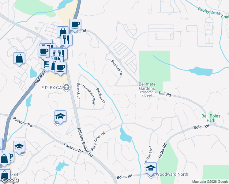 map of restaurants, bars, coffee shops, grocery stores, and more near 705 Spencer Mill Court in Duluth