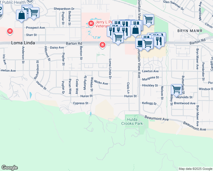 map of restaurants, bars, coffee shops, grocery stores, and more near 25475 Nicks Avenue in Loma Linda