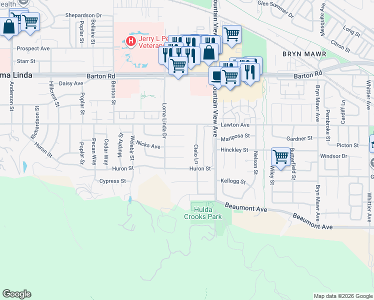 map of restaurants, bars, coffee shops, grocery stores, and more near 25581 Nicks Avenue in Loma Linda