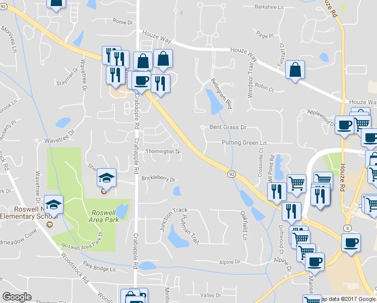 map of restaurants, bars, coffee shops, grocery stores, and more near 205 East Crossville Road in Roswell