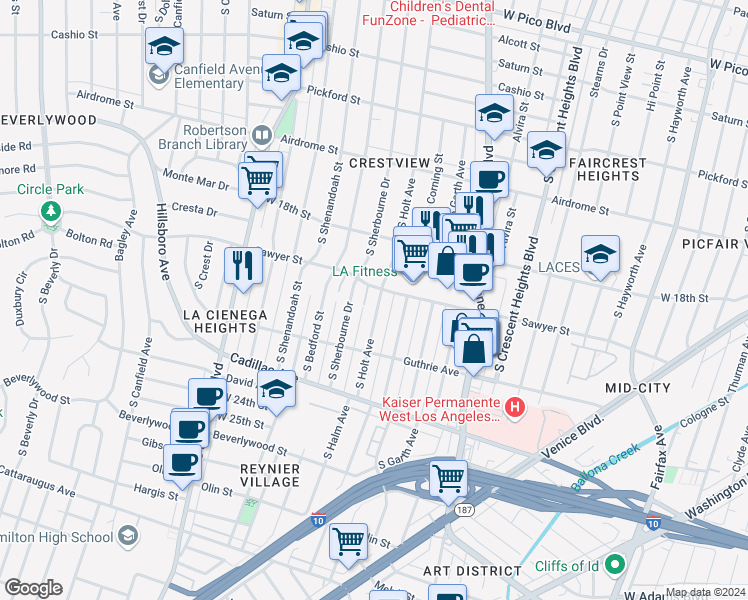 map of restaurants, bars, coffee shops, grocery stores, and more near 1911 South Holt Avenue in Los Angeles