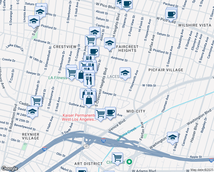 map of restaurants, bars, coffee shops, grocery stores, and more near 1851 Stearns Drive in Los Angeles