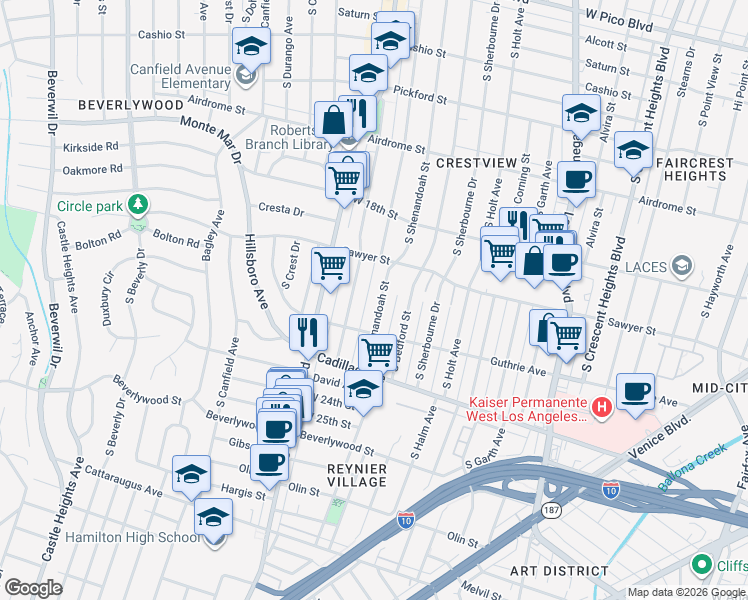 map of restaurants, bars, coffee shops, grocery stores, and more near 1954 South Shenandoah Street in Los Angeles