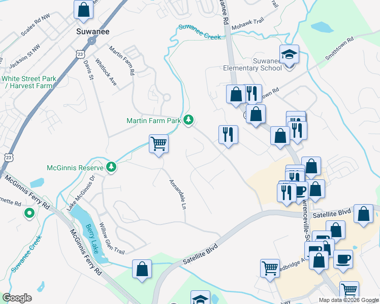 map of restaurants, bars, coffee shops, grocery stores, and more near 539 Golden Meadows Circle in Suwanee