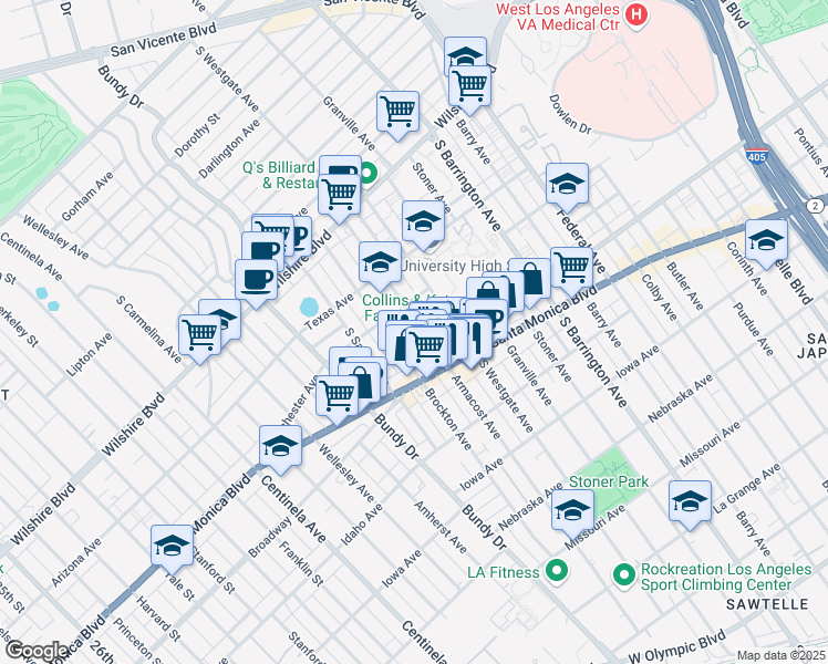 map of restaurants, bars, coffee shops, grocery stores, and more near 1431 Armacost Avenue in Los Angeles