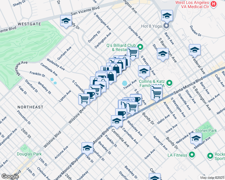 map of restaurants, bars, coffee shops, grocery stores, and more near 1226 Amherst Avenue in Los Angeles