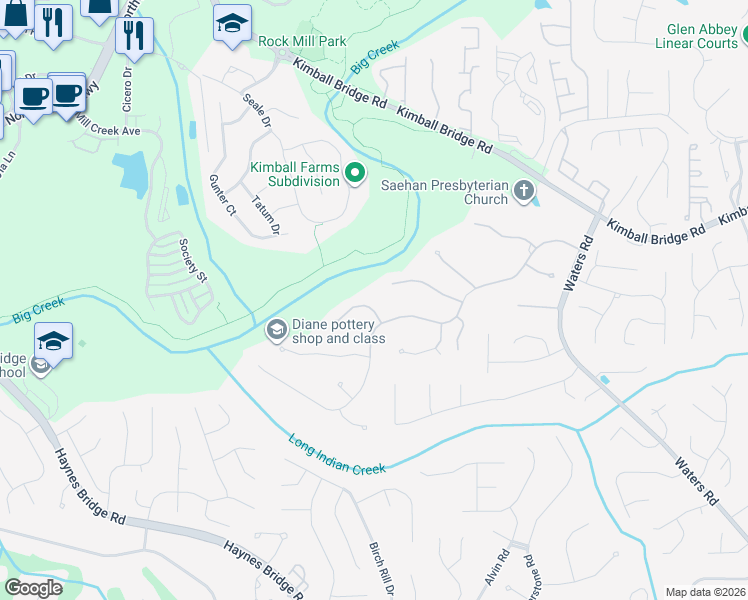 map of restaurants, bars, coffee shops, grocery stores, and more near 1710 Ridge Oak Place in Alpharetta