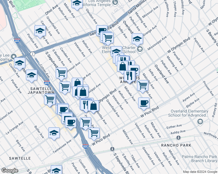 map of restaurants, bars, coffee shops, grocery stores, and more near 2128 Veteran Avenue in Los Angeles