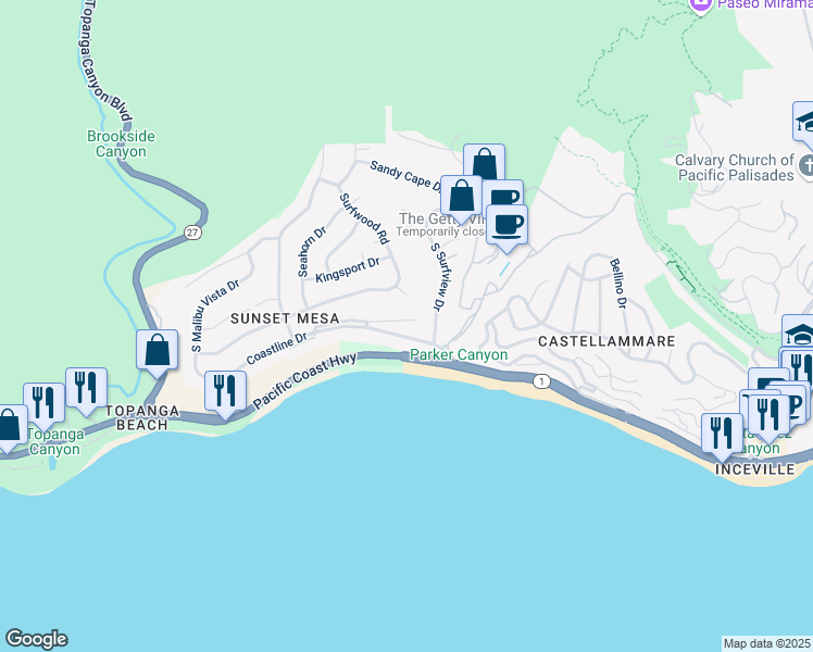 map of restaurants, bars, coffee shops, grocery stores, and more near 18063 Coastline Drive in Malibu