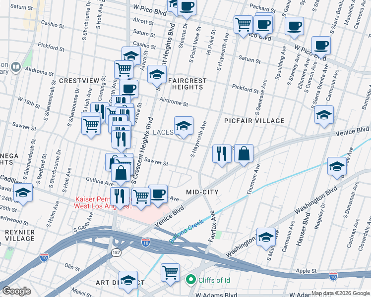 map of restaurants, bars, coffee shops, grocery stores, and more near 1814 Hi Point Street in Los Angeles