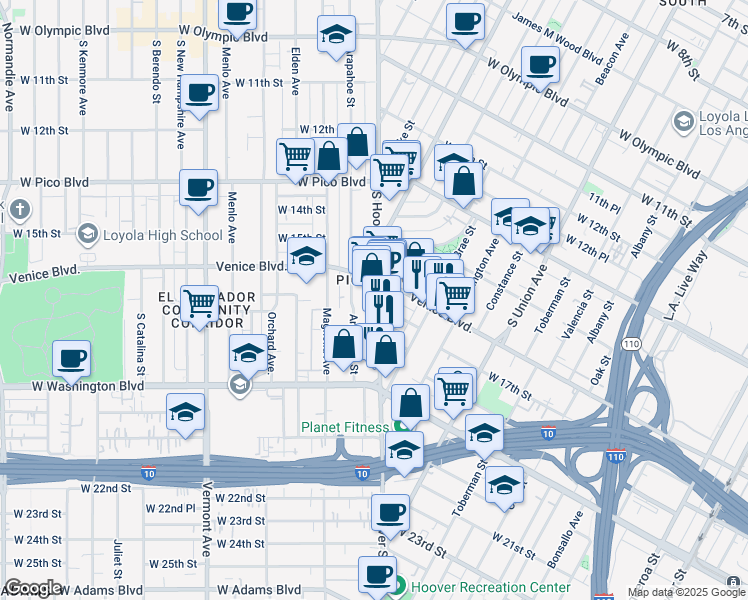 map of restaurants, bars, coffee shops, grocery stores, and more near 1702 Hoover Street in Los Angeles