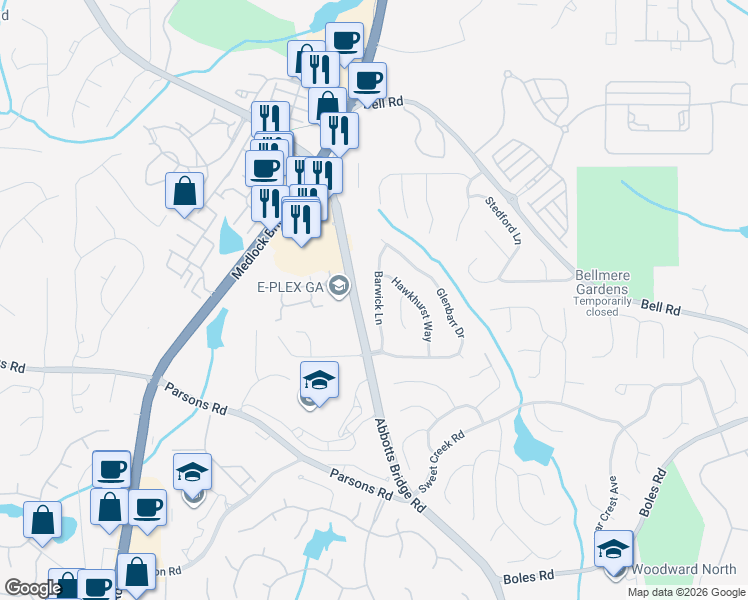 map of restaurants, bars, coffee shops, grocery stores, and more near 6345 Barwick Lane in Duluth