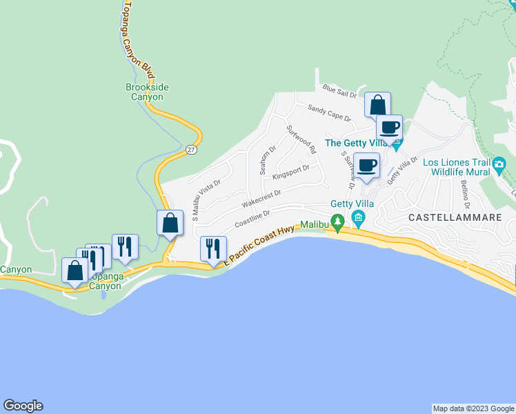 map of restaurants, bars, coffee shops, grocery stores, and more near 3908 Castlerock Road in Malibu