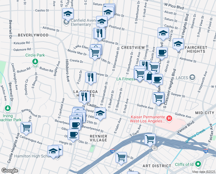 map of restaurants, bars, coffee shops, grocery stores, and more near 1936 South Shenandoah Street in Los Angeles