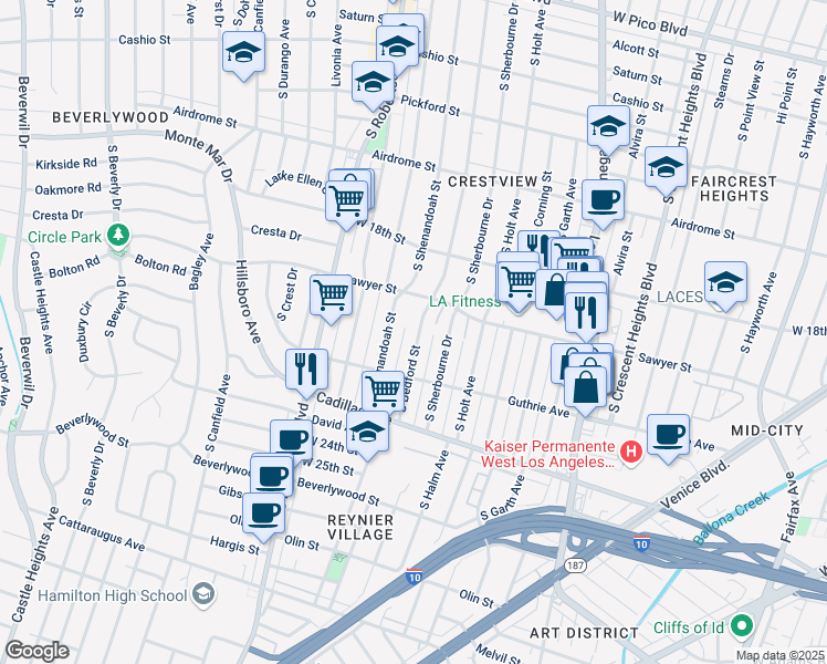 map of restaurants, bars, coffee shops, grocery stores, and more near 1933 South Bedford Street in Los Angeles