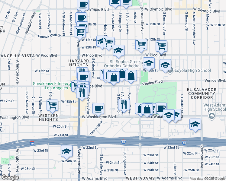 map of restaurants, bars, coffee shops, grocery stores, and more near 1672 South Harvard Boulevard in Los Angeles