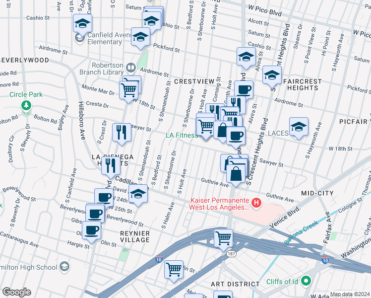 map of restaurants, bars, coffee shops, grocery stores, and more near 1911 South Holt Avenue in Los Angeles