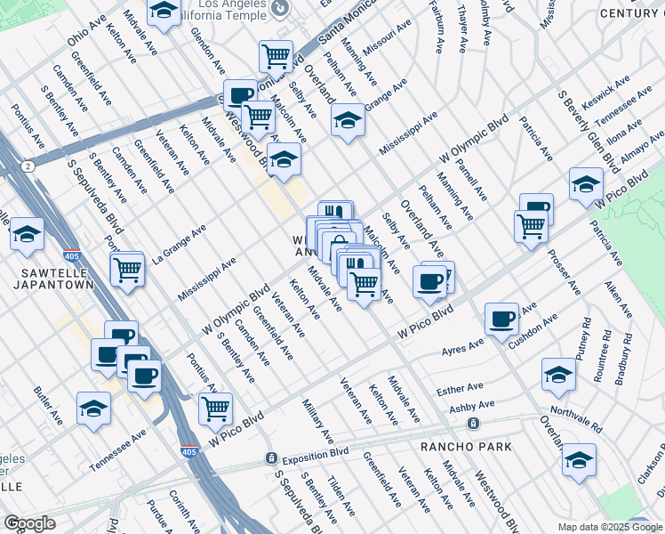 map of restaurants, bars, coffee shops, grocery stores, and more near 2283 Westwood Boulevard in Los Angeles