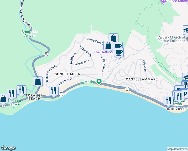 map of restaurants, bars, coffee shops, grocery stores, and more near 18069 Coastline Drive in Malibu