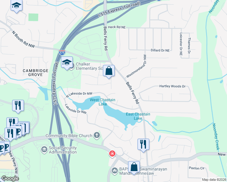 map of restaurants, bars, coffee shops, grocery stores, and more near 193 Candace Lane in Kennesaw