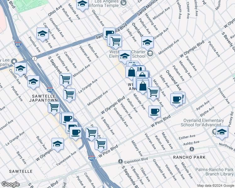 map of restaurants, bars, coffee shops, grocery stores, and more near 2128 Veteran Avenue in Los Angeles