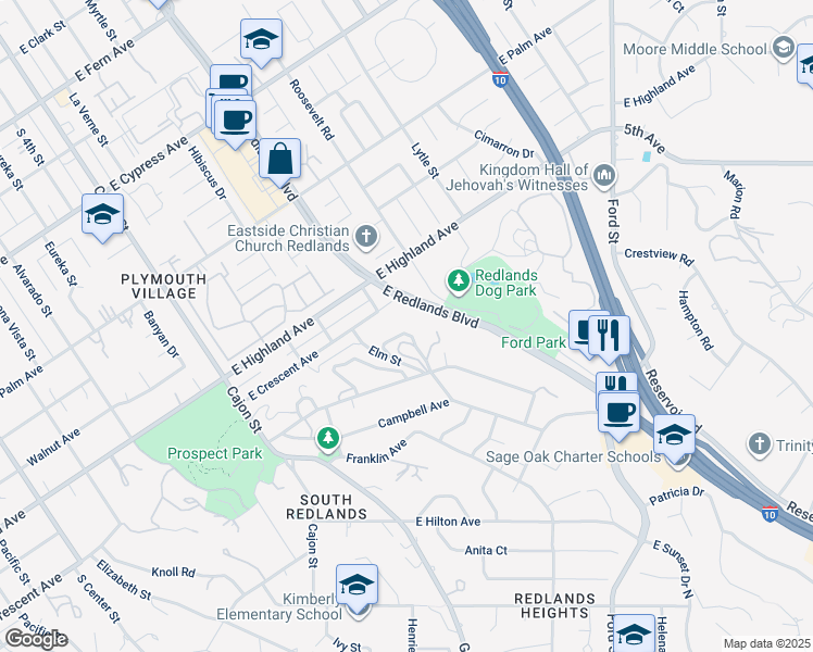 map of restaurants, bars, coffee shops, grocery stores, and more near 15 Bow C Street in Redlands