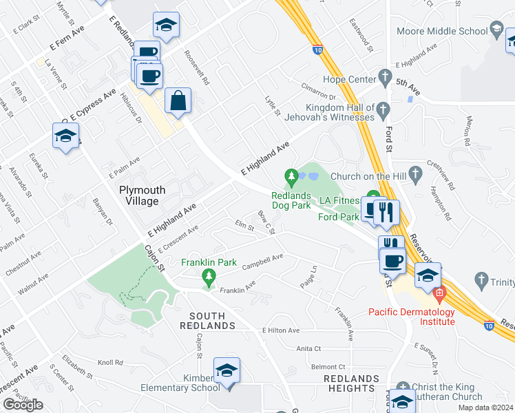 map of restaurants, bars, coffee shops, grocery stores, and more near 15 Bow C Street in Redlands