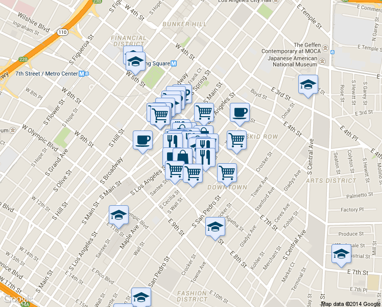 map of restaurants, bars, coffee shops, grocery stores, and more near 200 East 7th Street in Los Angeles