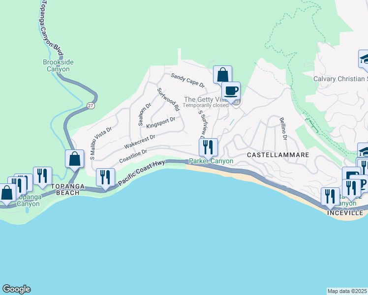 map of restaurants, bars, coffee shops, grocery stores, and more near 18069 Coastline Drive in Malibu