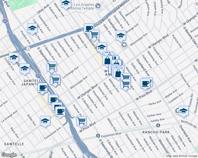 map of restaurants, bars, coffee shops, grocery stores, and more near 2139 Kelton Avenue in Los Angeles
