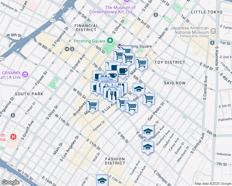 map of restaurants, bars, coffee shops, grocery stores, and more near 113 East 8th Street in Los Angeles