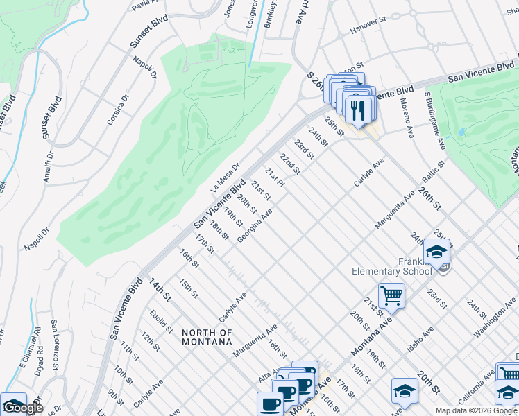 map of restaurants, bars, coffee shops, grocery stores, and more near 253 20th Street in Santa Monica