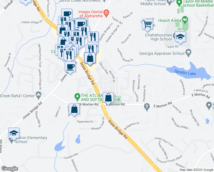 map of restaurants, bars, coffee shops, grocery stores, and more near 5030 La faye Lane in Alpharetta