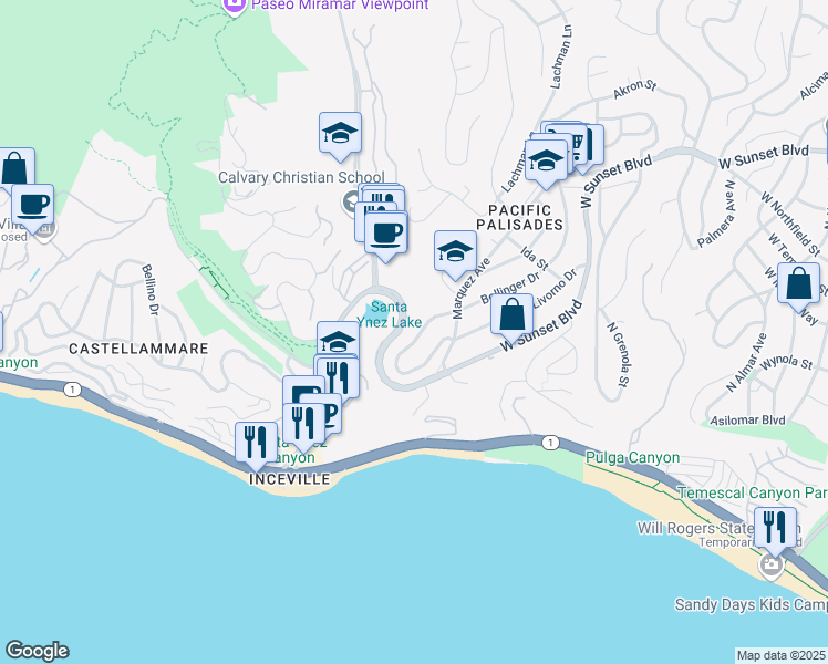 map of restaurants, bars, coffee shops, grocery stores, and more near 17053 Bollinger Drive in Los Angeles