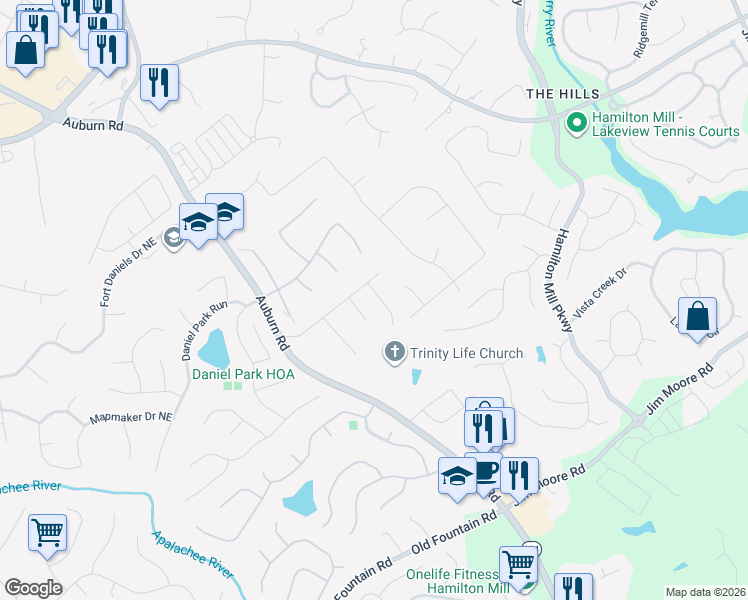 map of restaurants, bars, coffee shops, grocery stores, and more near 1664 Williams Mill Way in Dacula