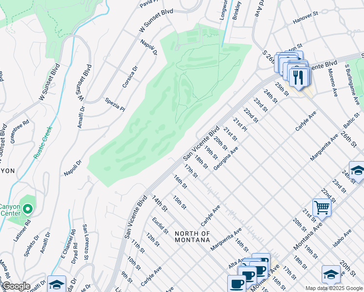 map of restaurants, bars, coffee shops, grocery stores, and more near 1707 San Vicente Boulevard in Santa Monica