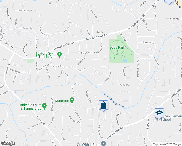map of restaurants, bars, coffee shops, grocery stores, and more near 325 Rossiter Ridge in Alpharetta