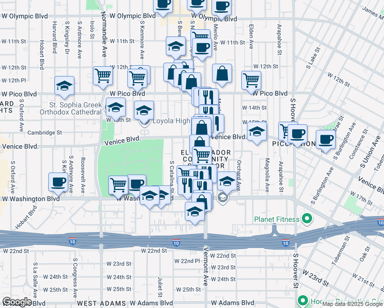map of restaurants, bars, coffee shops, grocery stores, and more near 1712 South Berendo Street in Los Angeles