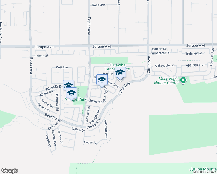 map of restaurants, bars, coffee shops, grocery stores, and more near 15825 Flamingo Drive in Fontana