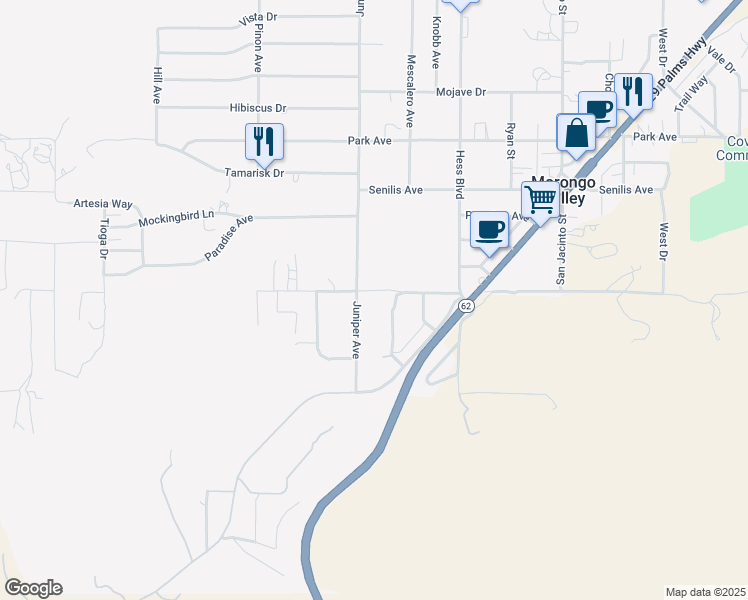 map of restaurants, bars, coffee shops, grocery stores, and more near 49323 Matzene Drive in Morongo Valley