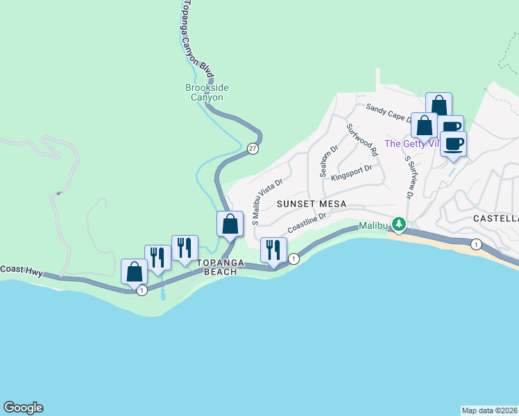 map of restaurants, bars, coffee shops, grocery stores, and more near 18449 Kingsport Drive in Malibu