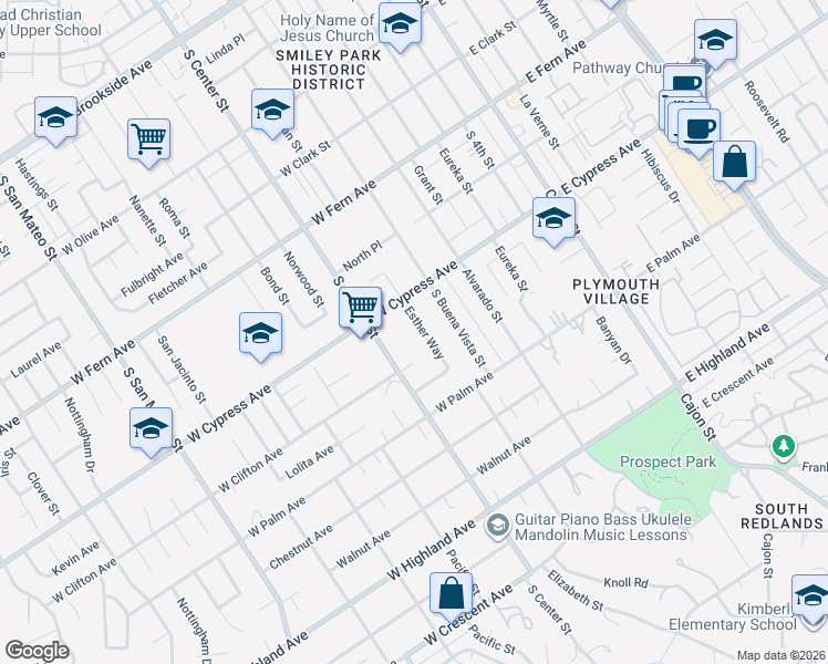 map of restaurants, bars, coffee shops, grocery stores, and more near 622 Esther Way in Redlands