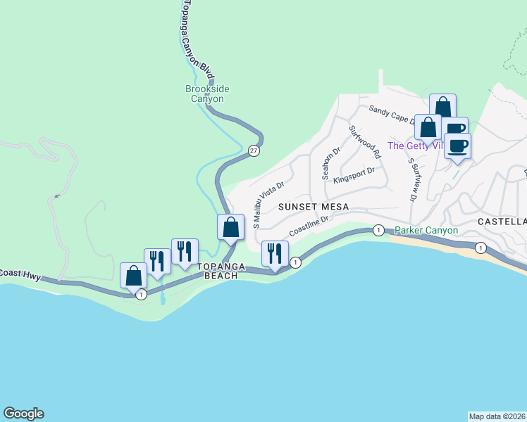 map of restaurants, bars, coffee shops, grocery stores, and more near 18441 Kingsport Drive in Malibu