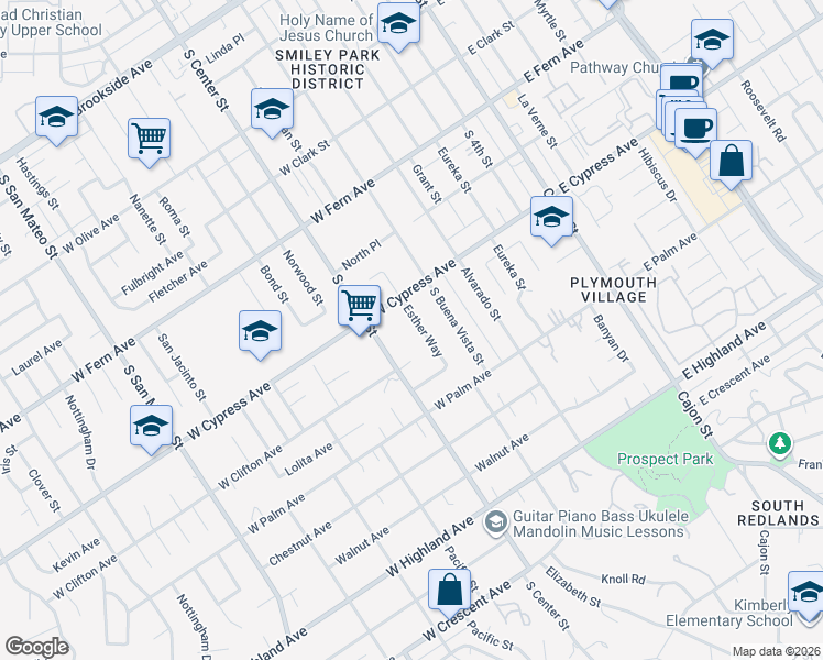 map of restaurants, bars, coffee shops, grocery stores, and more near 622 Esther Way in Redlands