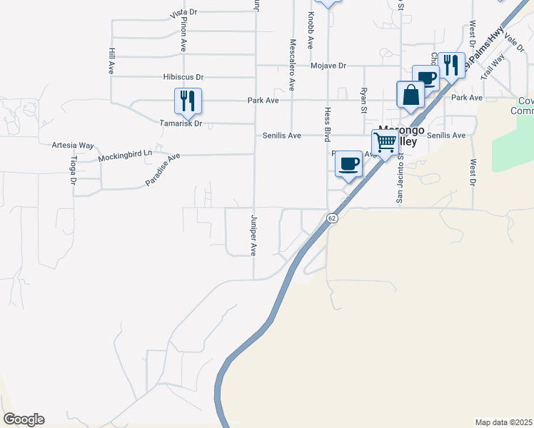 map of restaurants, bars, coffee shops, grocery stores, and more near 49323 Matzene Drive in Morongo Valley
