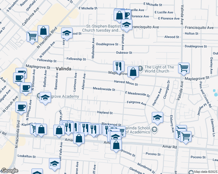 map of restaurants, bars, coffee shops, grocery stores, and more near 15921 Meadowside Street in La Puente
